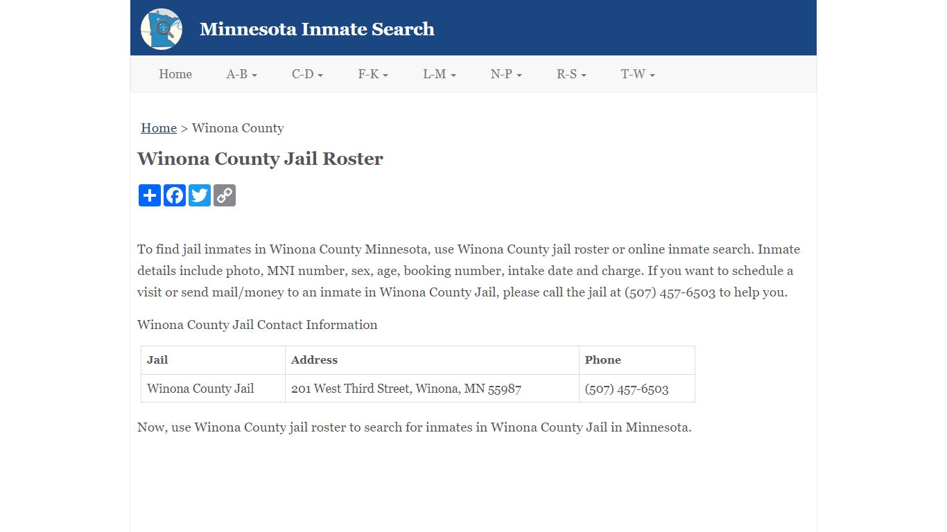 Winona County Jail Roster - Minnesota Inmate Search